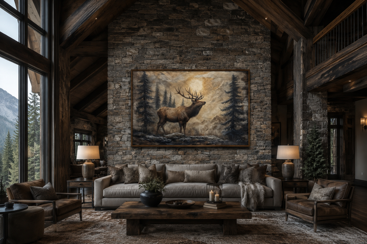Rustic framed canvas wall art of an elk in a winter forest hanging above a sofa in a cabin.