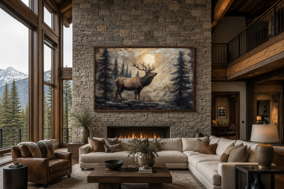 Rustic framed canvas wall art of an elk in a winter forest above a fireplace in a cabin living room.