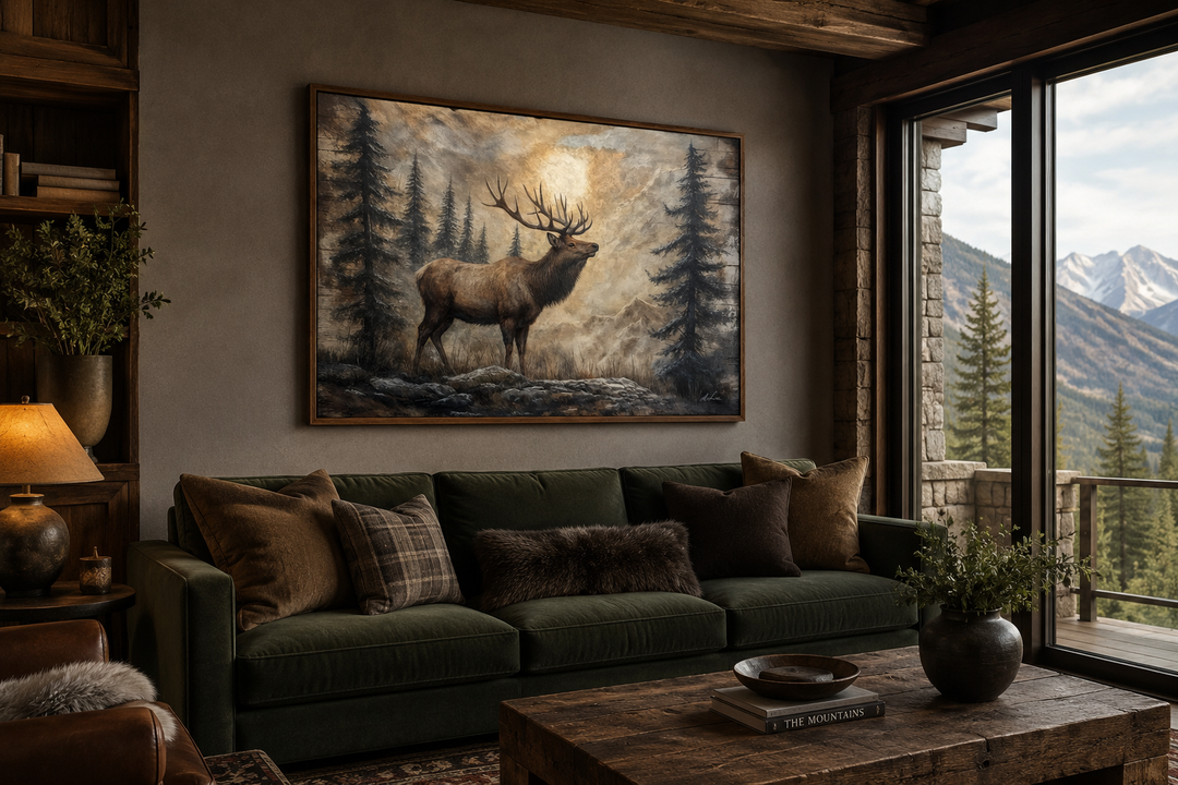 Rustic elk in winter forest painted on wood framed canvas wall art above a green sofa in a cabin.