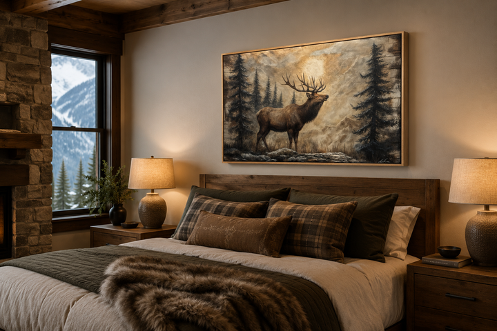 Rustic elk in winter forest painted on wood framed canvas wall art hanging above a bed in a cabin.