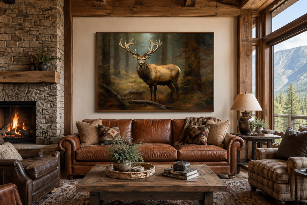 Framed canvas wall art of a majestic elk in a fir forest, hung above a leather sofa in a rustic room.
