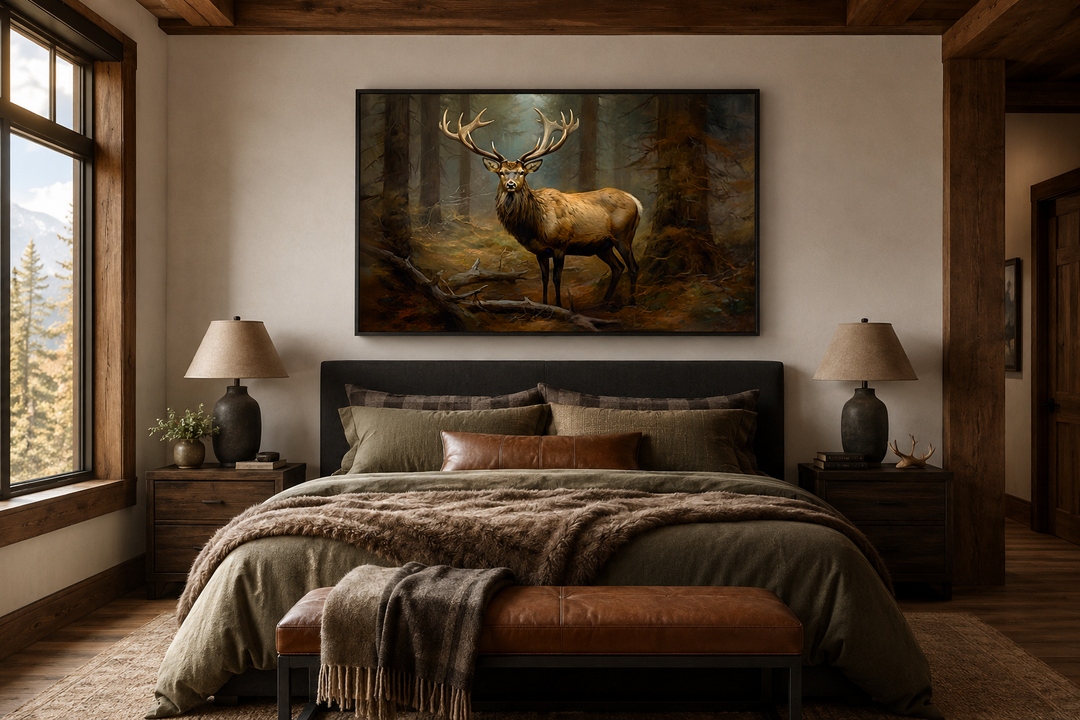 Framed canvas wall art of a majestic elk in a fir tree forest hanging above a bed in a rustic room.
