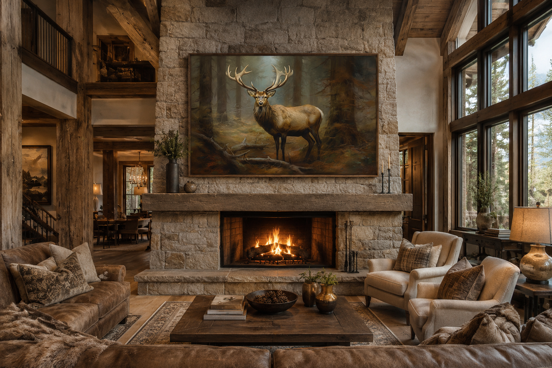 Framed canvas wall art of a majestic elk in a fir tree forest hanging above a stone fireplace.
