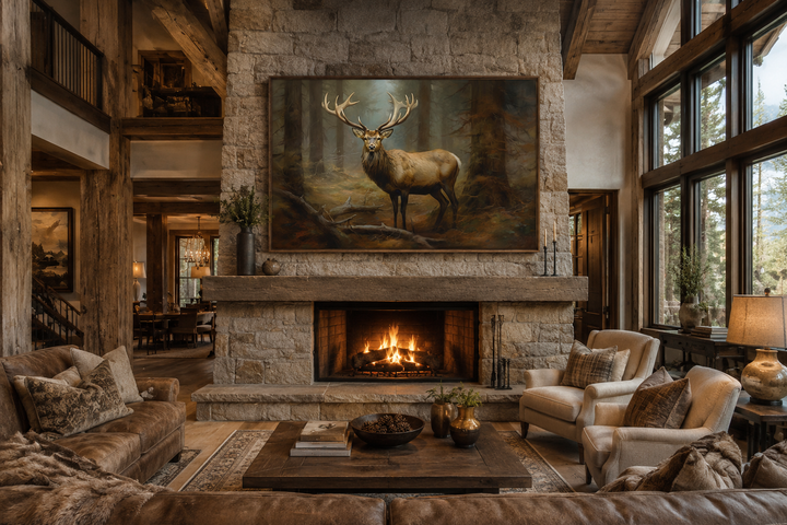 Framed canvas wall art of a majestic elk in a fir tree forest hanging above a stone fireplace.