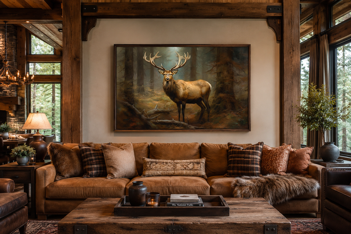 Framed canvas wall art of a majestic elk in a misty fir forest above a brown leather sofa.