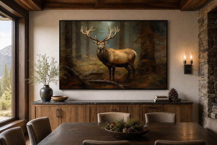 Framed canvas wall art of a majestic elk in a misty fir forest, displayed in a rustic cabin room.