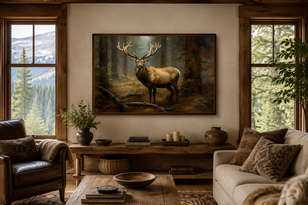 Framed canvas wall art of a majestic elk in a misty fir forest, displayed in a rustic living room.
