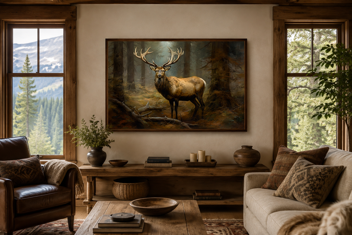 Framed canvas wall art of a majestic elk in a misty fir forest, displayed in a rustic living room.