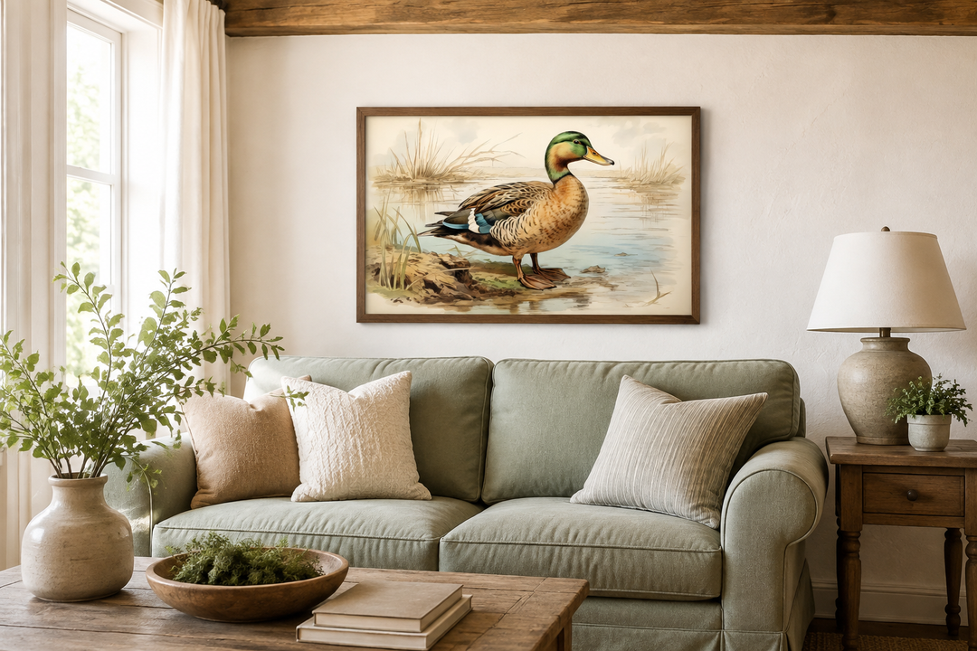 Mallard Duck Vintage Rustic Framed Canvas Wall Art hanging above a green sofa in a cozy living room.