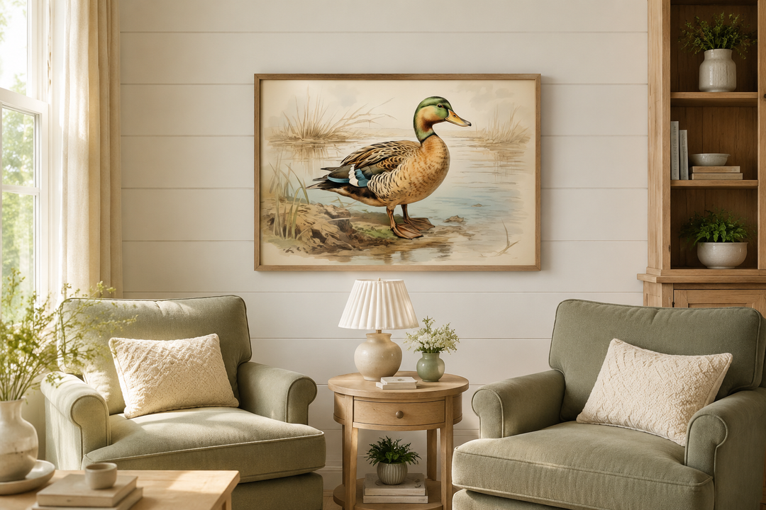 Vintage mallard duck framed canvas wall art in a rustic living room with green armchairs.
