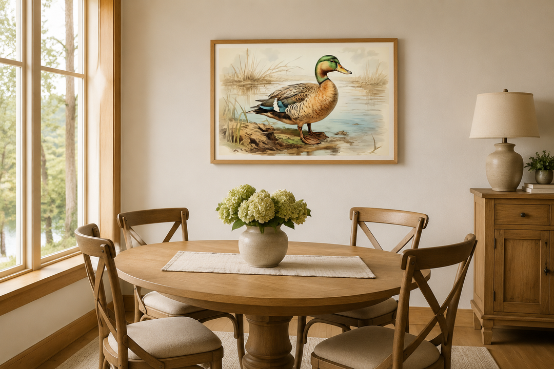 Mallard Duck vintage rustic framed canvas wall art hanging in a neutral dining room.