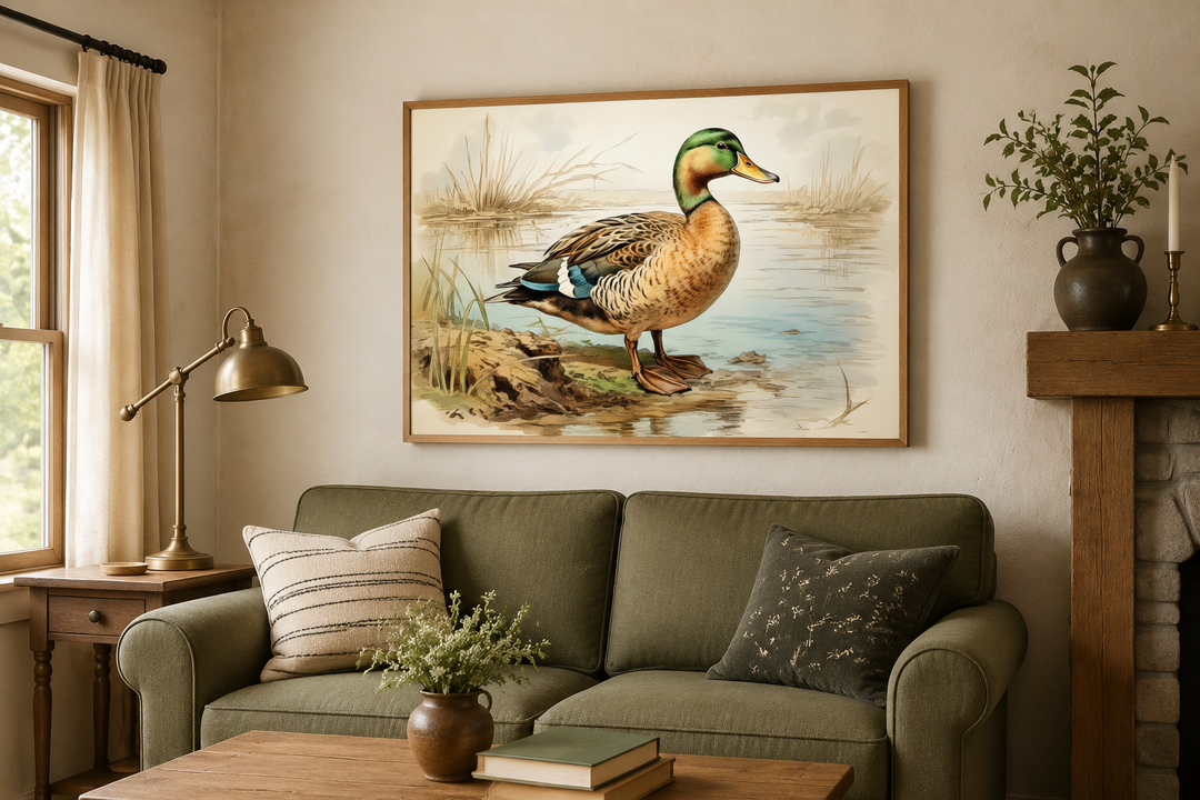 Mallard Duck vintage rustic framed canvas wall art hanging above a green sofa in a cozy room.