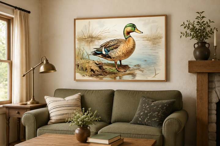 Mallard Duck vintage rustic framed canvas wall art hanging above a green sofa in a cozy room.