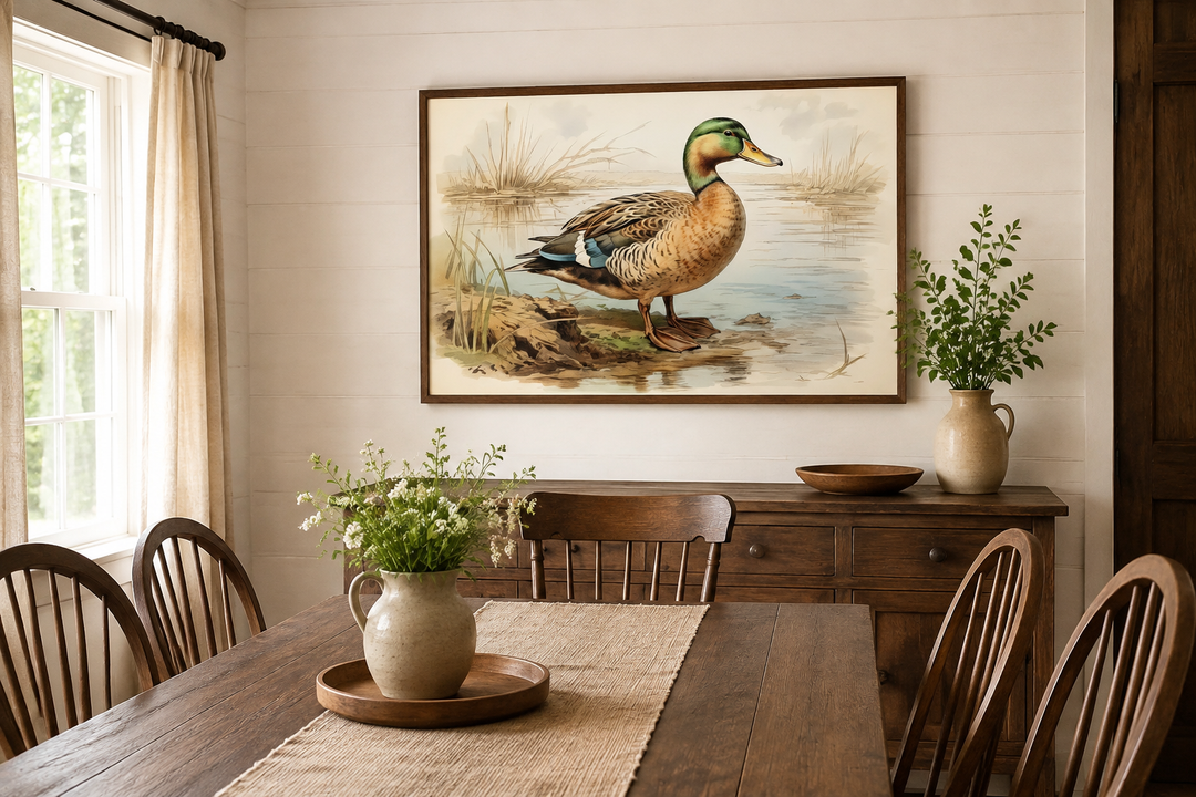 Mallard Duck vintage rustic framed canvas wall art hanging above a wooden sideboard in a dining room