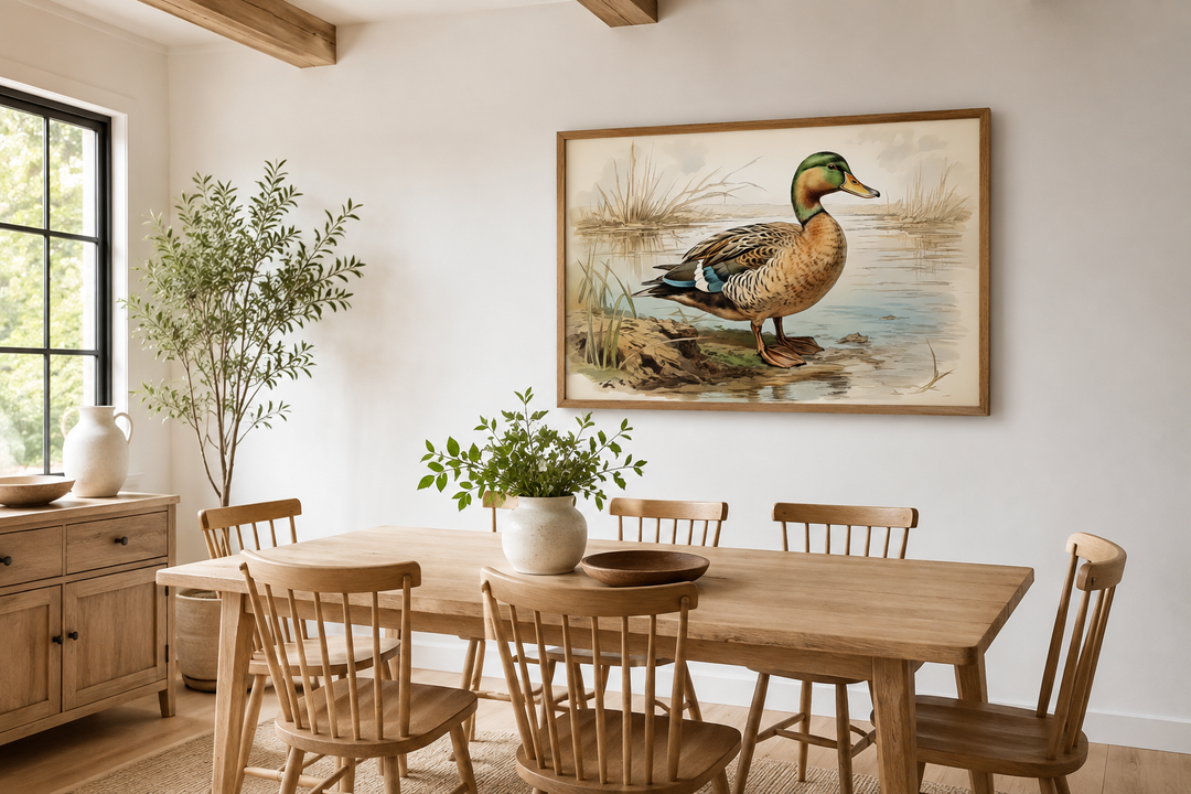 Mallard Duck Vintage Rustic Framed Canvas Wall Art hanging in a bright, modern dining room.