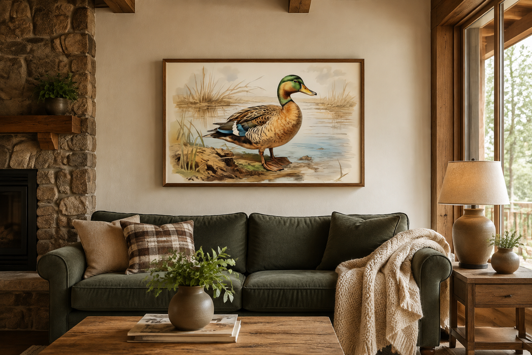 Mallard Duck vintage rustic framed canvas wall art hanging above a green sofa in a cozy living room.