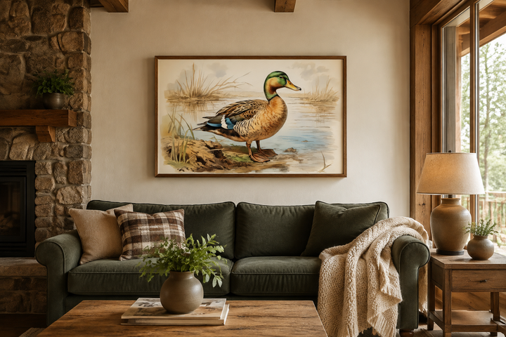 Mallard Duck vintage rustic framed canvas wall art hanging above a green sofa in a cozy living room.