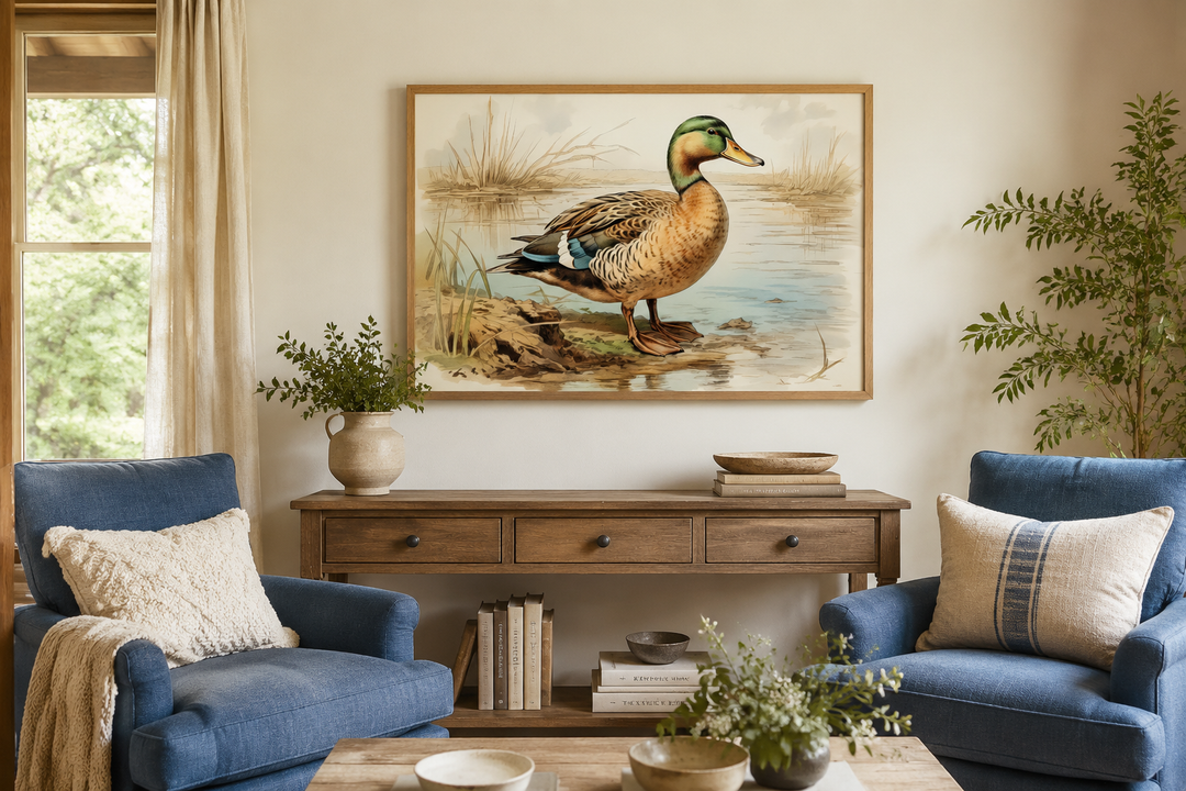 Mallard Duck Vintage Rustic Framed Canvas Wall Art hanging above a wooden console table.