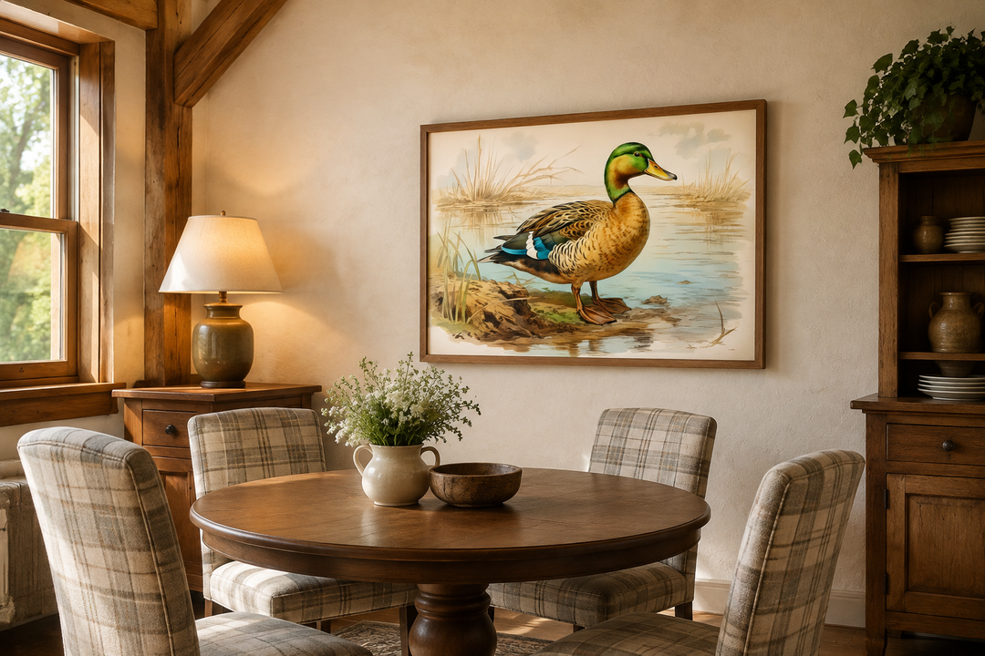 Mallard Duck Vintage Rustic Framed Canvas Wall Art hanging in a cozy, rustic dining room.