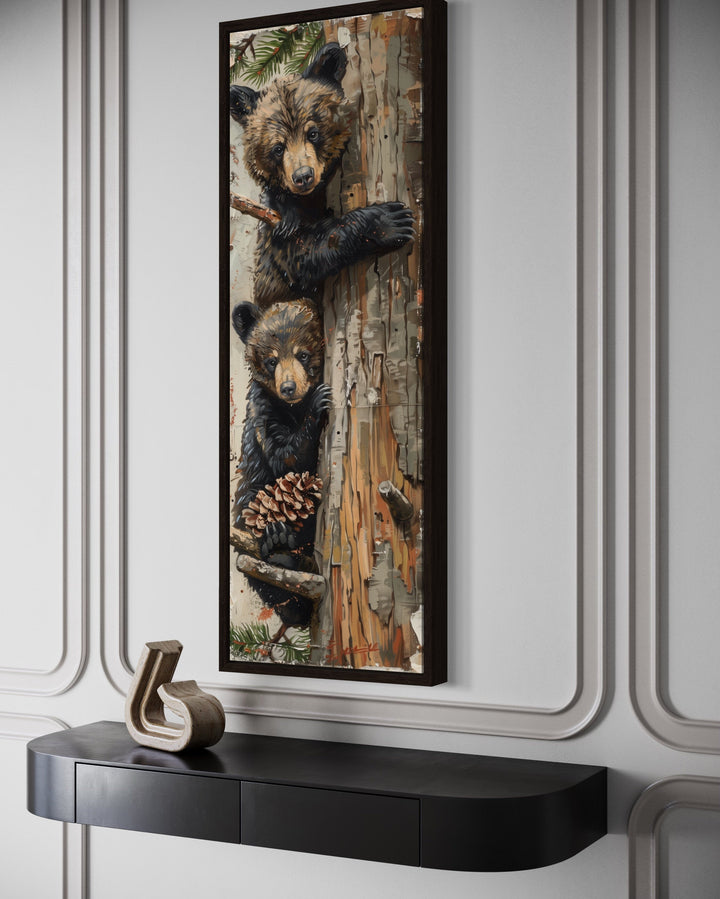 Mama Bear And Baby Bear Climbing A Tree Tall Narrow Wall Art