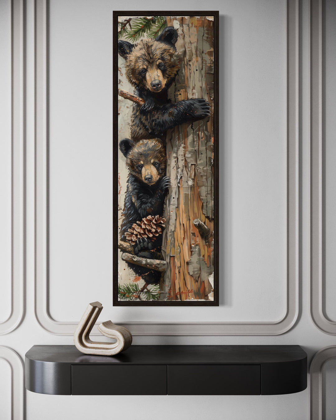 Mama Bear And Baby Bear Climbing A Tree Tall Narrow Wall Art