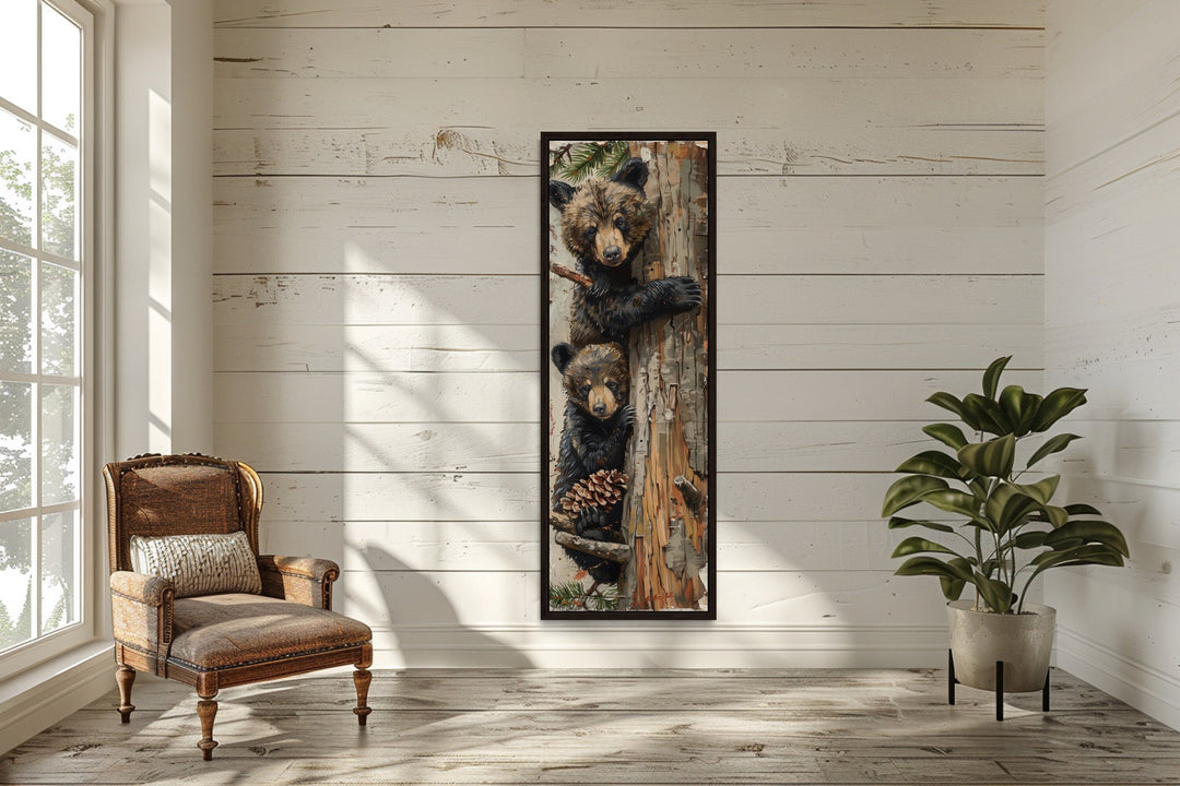 Mama Bear And Baby Bear Climbing A Tree Tall Narrow Wall Art