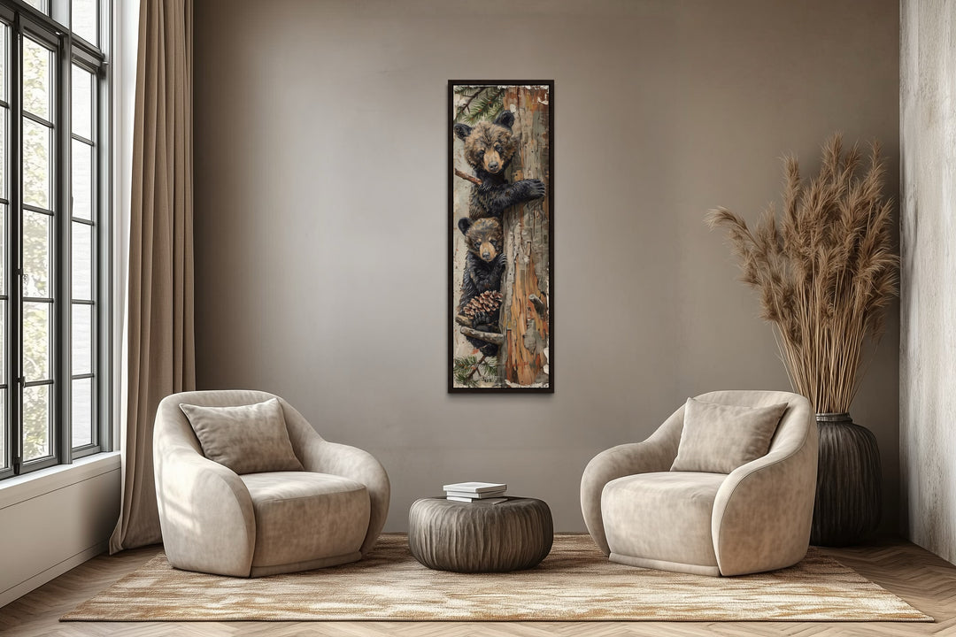 Mama Bear And Baby Bear Climbing A Tree Tall Narrow Wall Art
