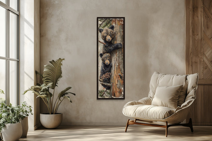 Mama Bear And Baby Bear Climbing A Tree Tall Narrow Wall Art