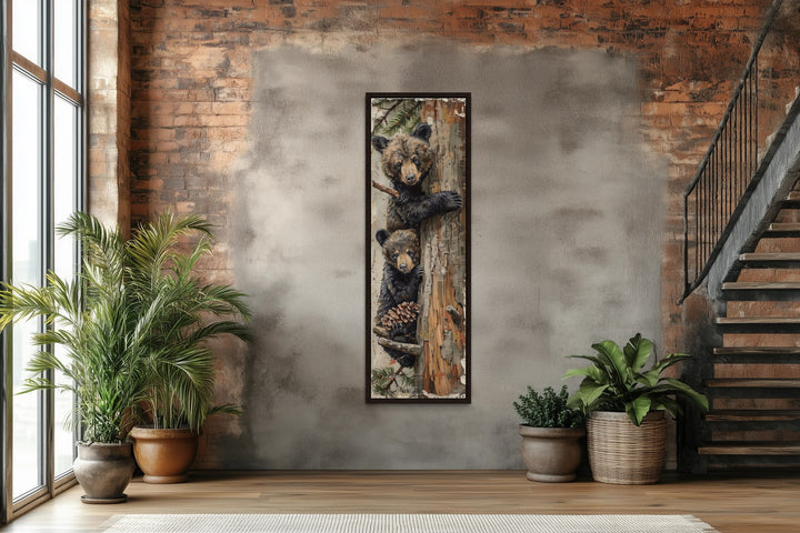 Mama Bear And Baby Bear Climbing A Tree Tall Narrow Wall Art