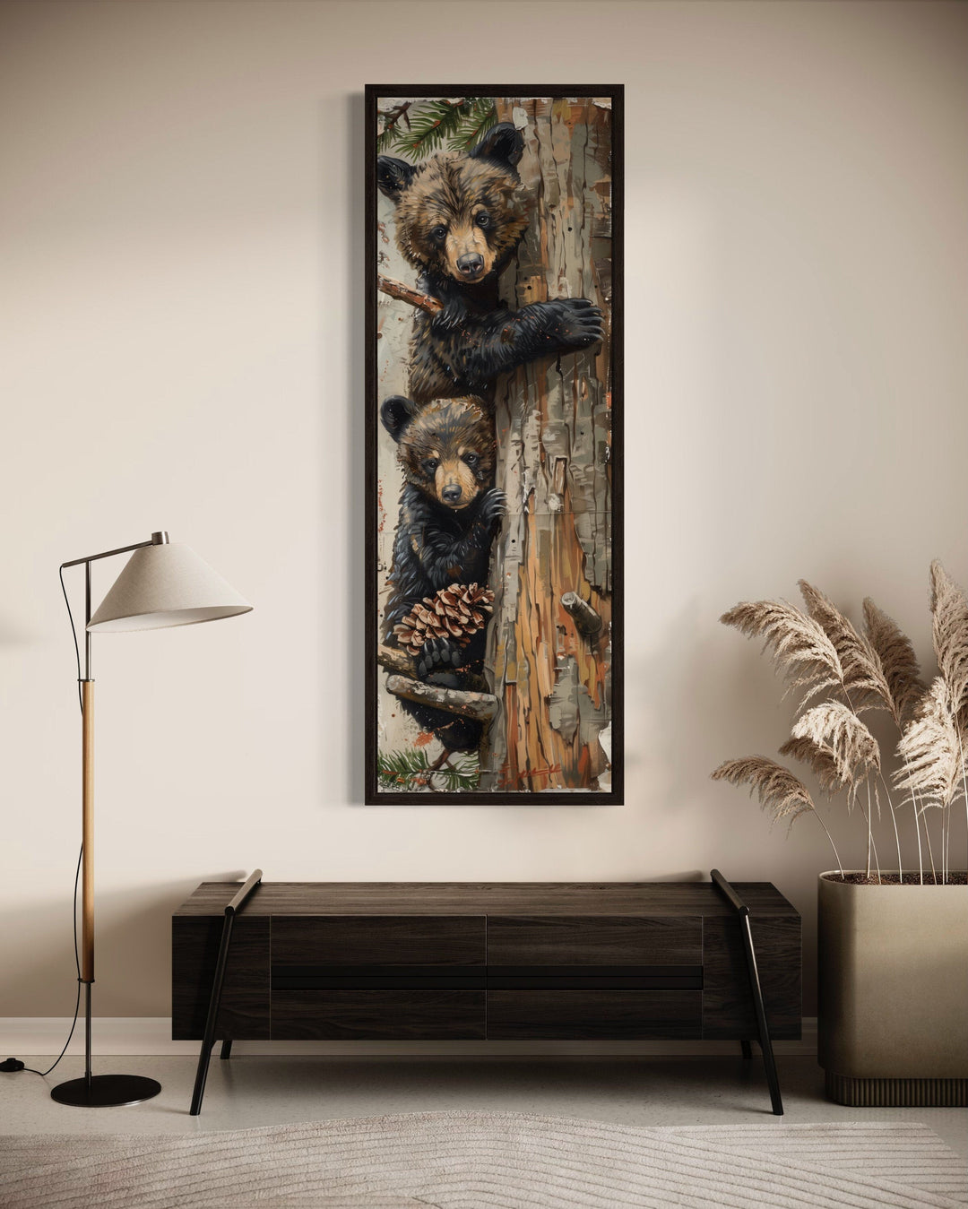 Mama Bear And Baby Bear Climbing A Tree Tall Narrow Wall Art cabin decor