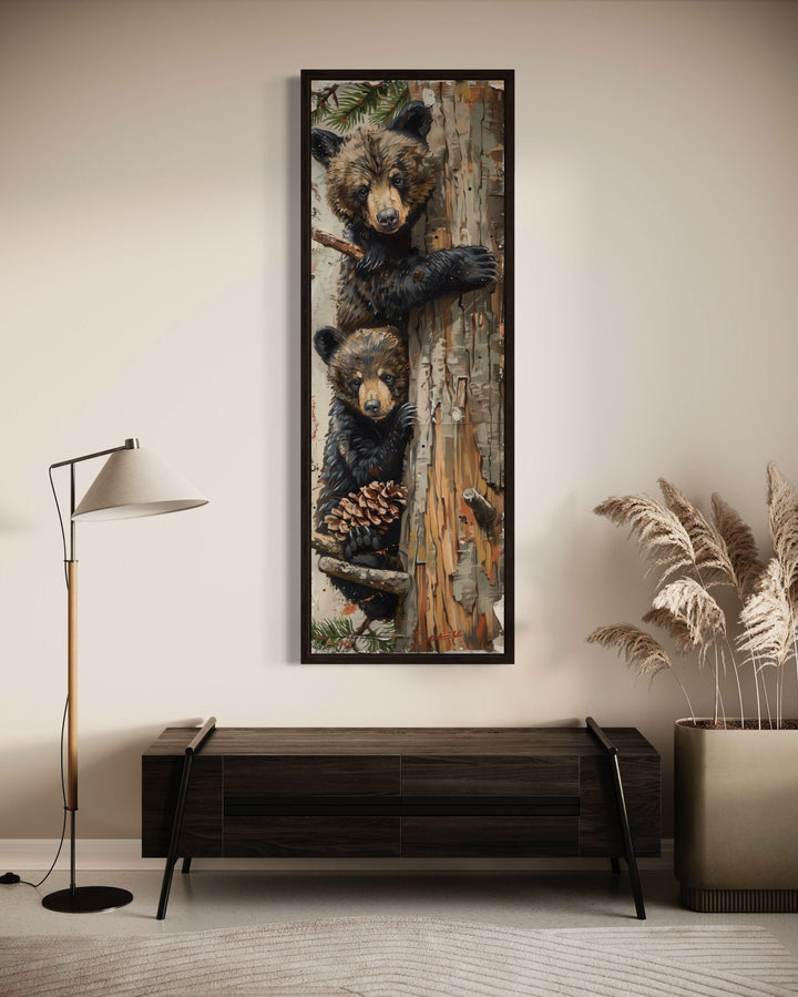 Mama Bear And Baby Bear Climbing A Tree Tall Narrow Wall Art