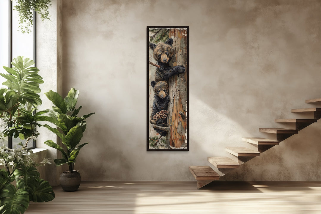 Mama Bear And Baby Bear Climbing A Tree Tall Narrow Wall Art