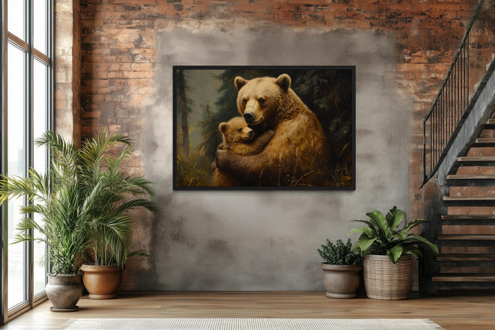 Mama Bear And Cub Hug In Forest Canvas Wall Art