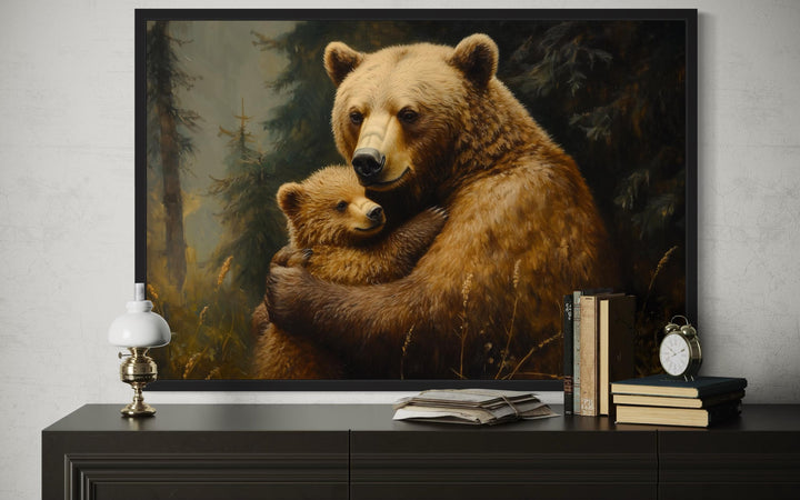 Mama Bear And Cub Hug In Forest Canvas Wall Art