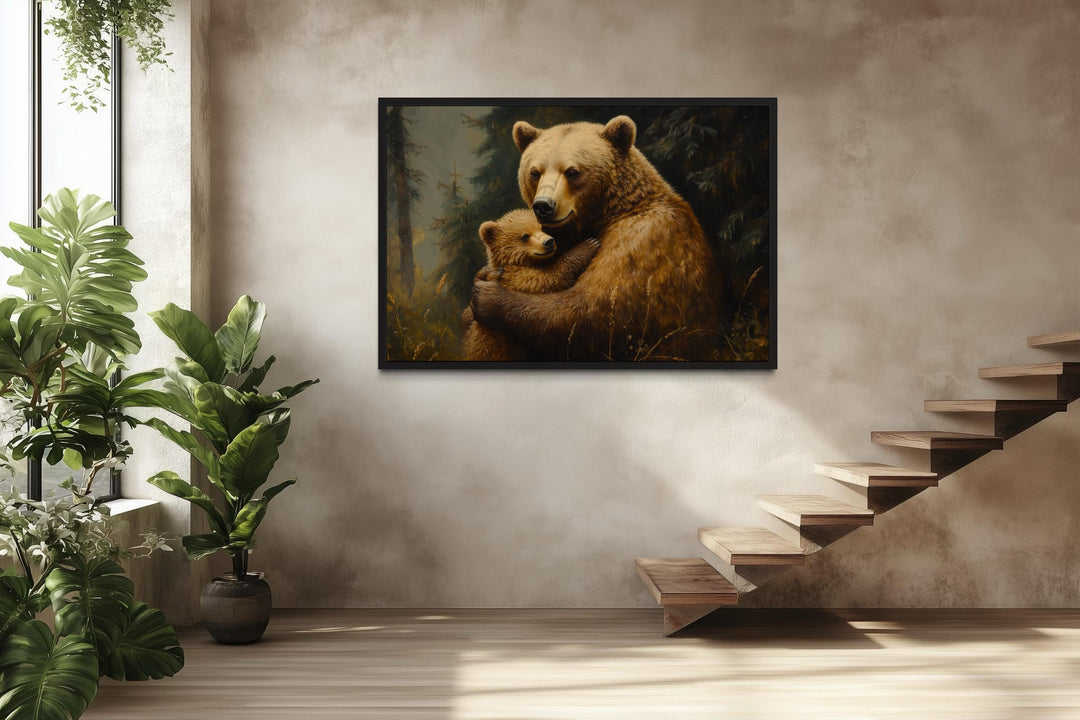 Mama Bear And Cub Hug In Forest Canvas Wall Art