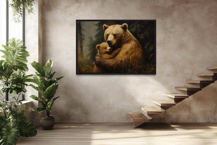 Mama Bear And Cub Hug In Forest Canvas Wall Art