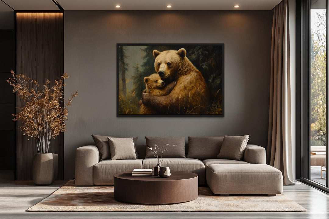 Mama Bear And Cub Hug In Forest Canvas Wall Art