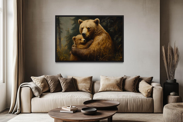 Mama Bear And Cub Hug In Forest Canvas Wall Art