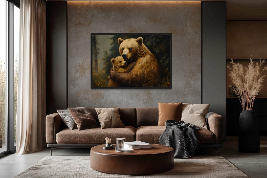 Mama Bear And Cub Hug In Forest Canvas Wall Art