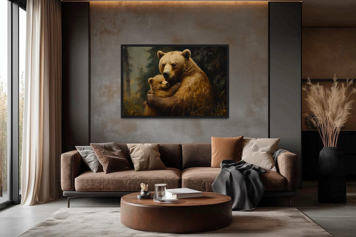 Mama Bear And Cub Hug In Forest Canvas Wall Art