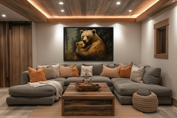 Mama Bear And Cub Hug In Forest Canvas Wall Art