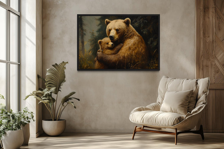 Mama Bear And Cub Hug In Forest Canvas Wall Art