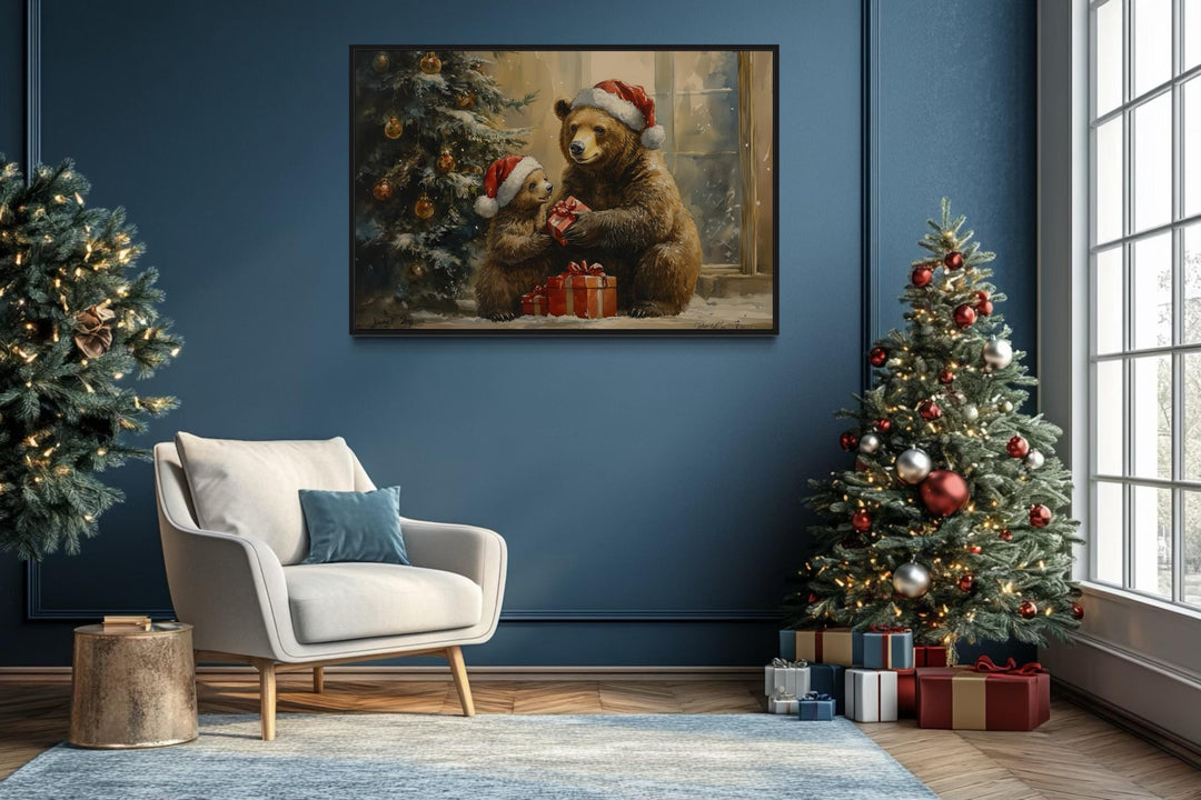 Mama bear and cub in Santa hats exchanging gifts wall art in a cozy blue living room.