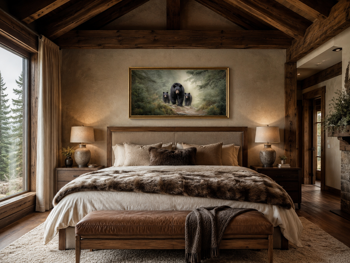 Mama bear and two cubs in a misty pine forest canvas wall art above a bed in a rustic cabin bedroom.