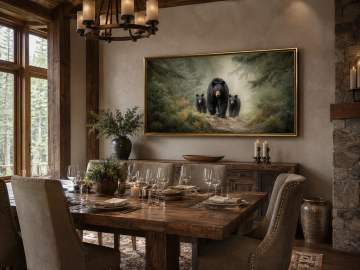 Mama Bear and Cubs in Pine Forest canvas wall art hanging in a rustic dining room above a sideboard.