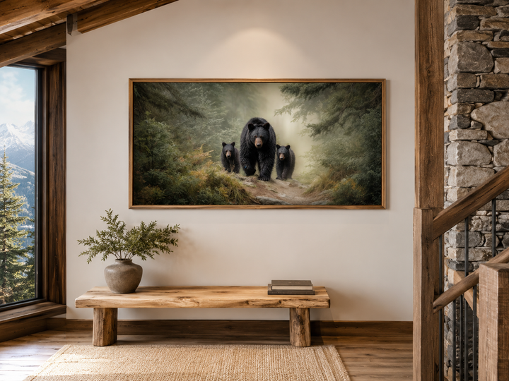 Mama Bear and Cubs Family in Pine Forest canvas wall art displayed in a rustic cabin setting.