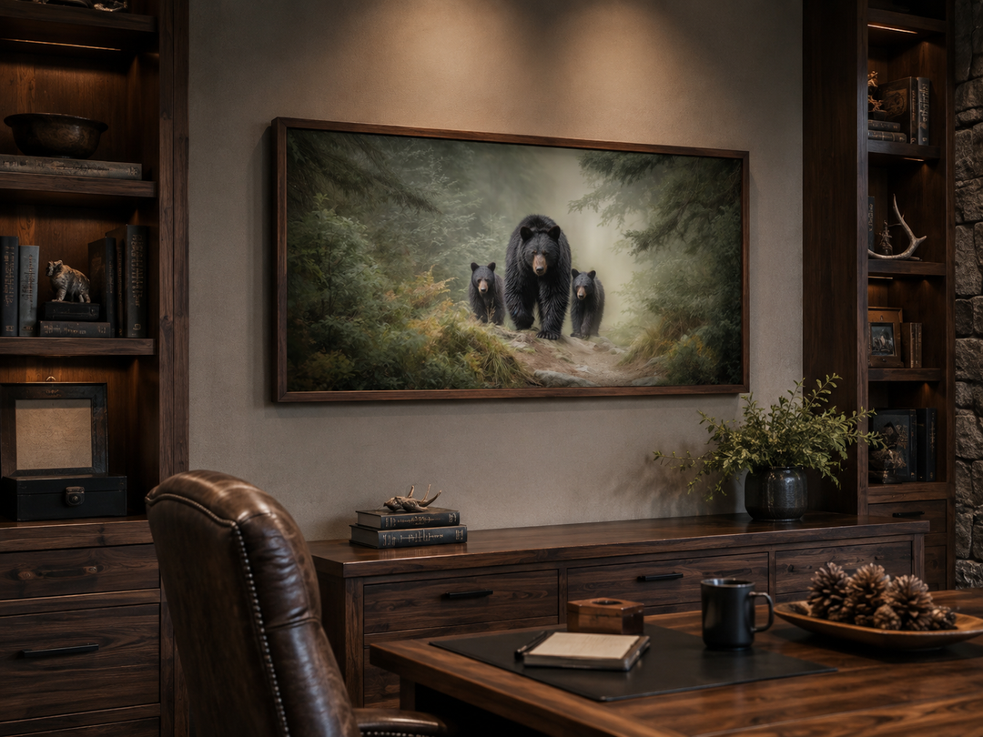 Mama Bear and Cubs in Pine Forest canvas wall art displayed in a rustic cabin office setting.