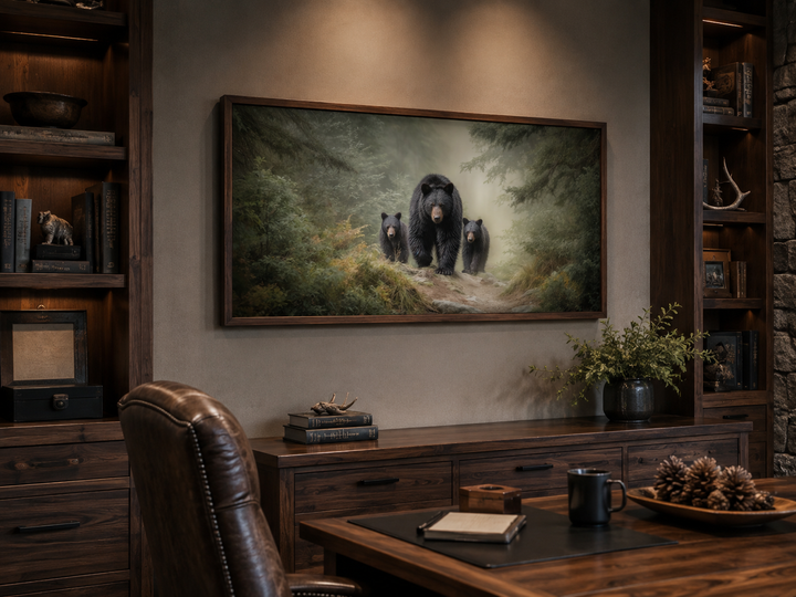 Mama Bear and Cubs in Pine Forest canvas wall art displayed in a rustic cabin office setting.