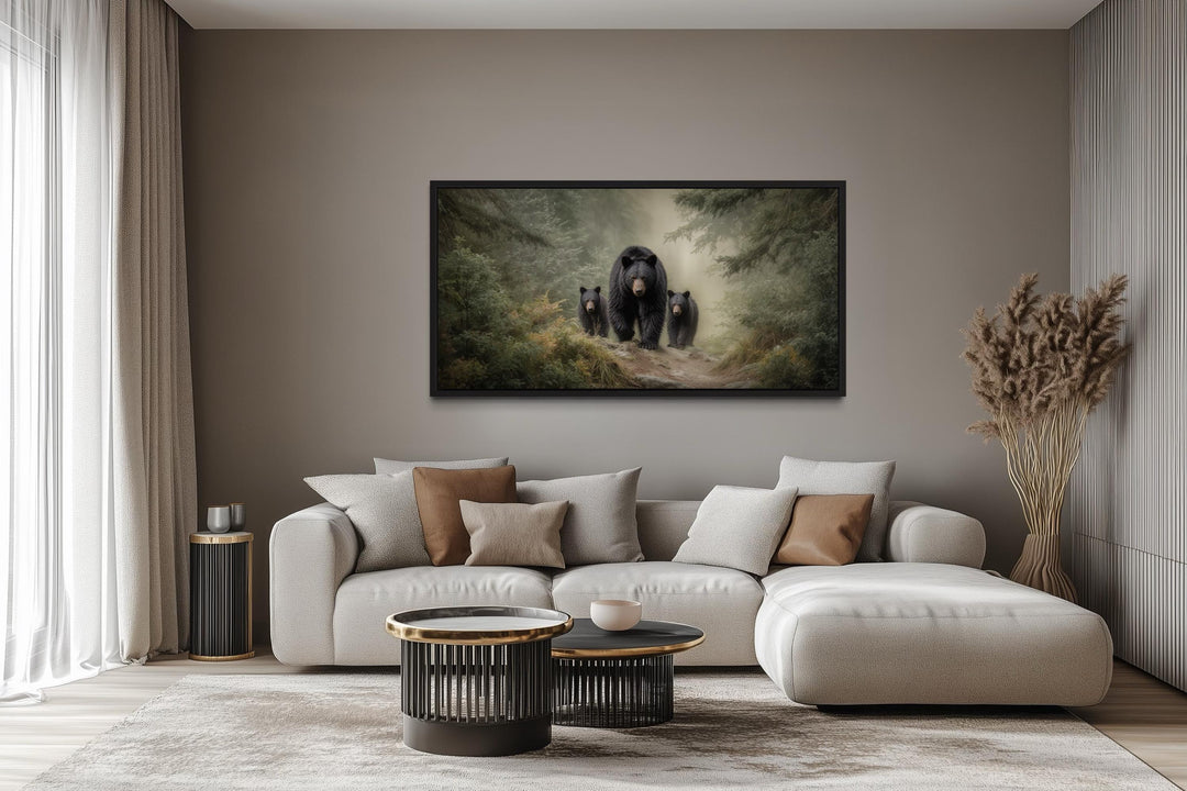 Mama Bear and Cubs Family in Pine Forest canvas wall art hanging above a modern sofa in a living room