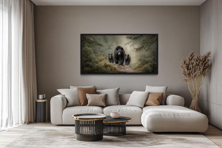 Mama Bear and Cubs Family in Pine Forest canvas wall art hanging above a modern sofa in a living room